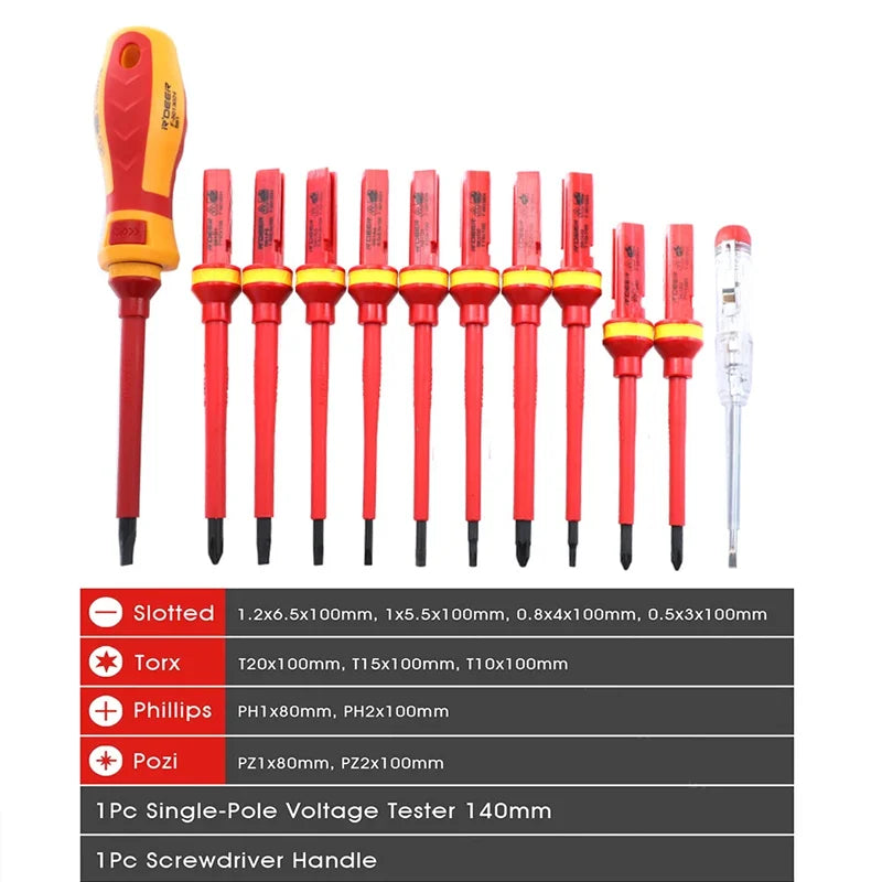 Electrician Repair Tools Kit 13pcs 1000V Changeable Insulated Screwdrivers Set with Magnetic Slotted Bits