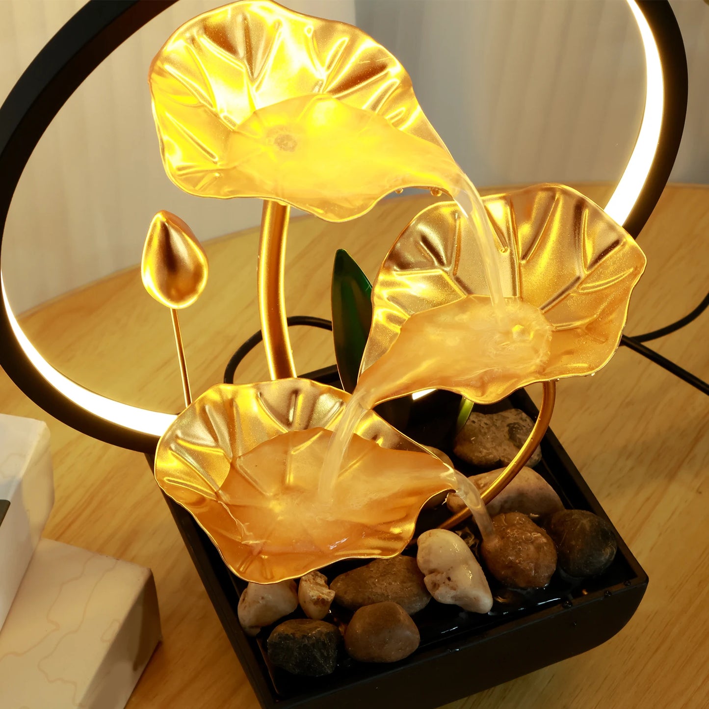 Tabletop Water Fountain USB Powered Tabletop Fountain with LED Ring Lights Decor Flowing Water Ornaments for Home Office