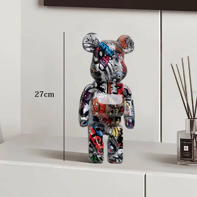 27cm Graffiti Bear Statue Paint Block Bear Decor Resin Desktop Ornaments Home Decoration Living Room Bear Floor Sculpture Gifts