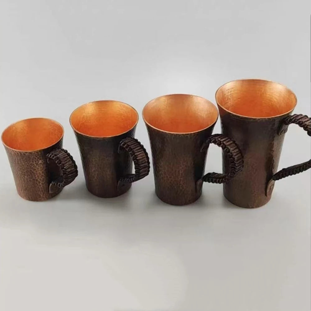 Vintage Pure Copper Coffee Cup,Mug Moscow Mule Tumbler Engraving Hammer Texture Woven Handle 450 ml Beer Mug,Tea Cup Tableware