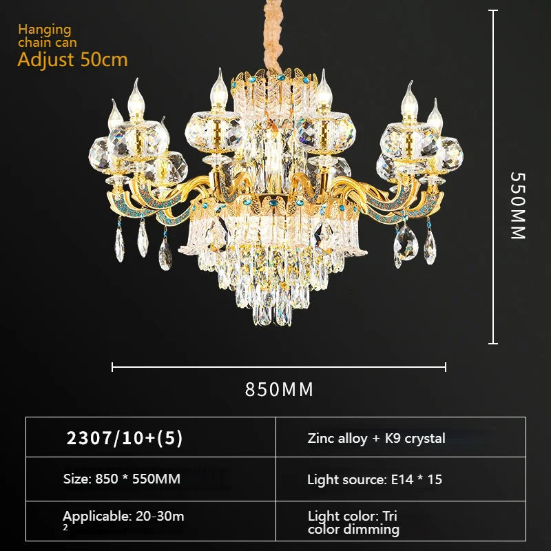 European Living Room Chandelier High-end Luxury Gold Candle Lamp Lamp Arm Inlaid With Diamonds Dining Room K9 Crystal Lamp Hot