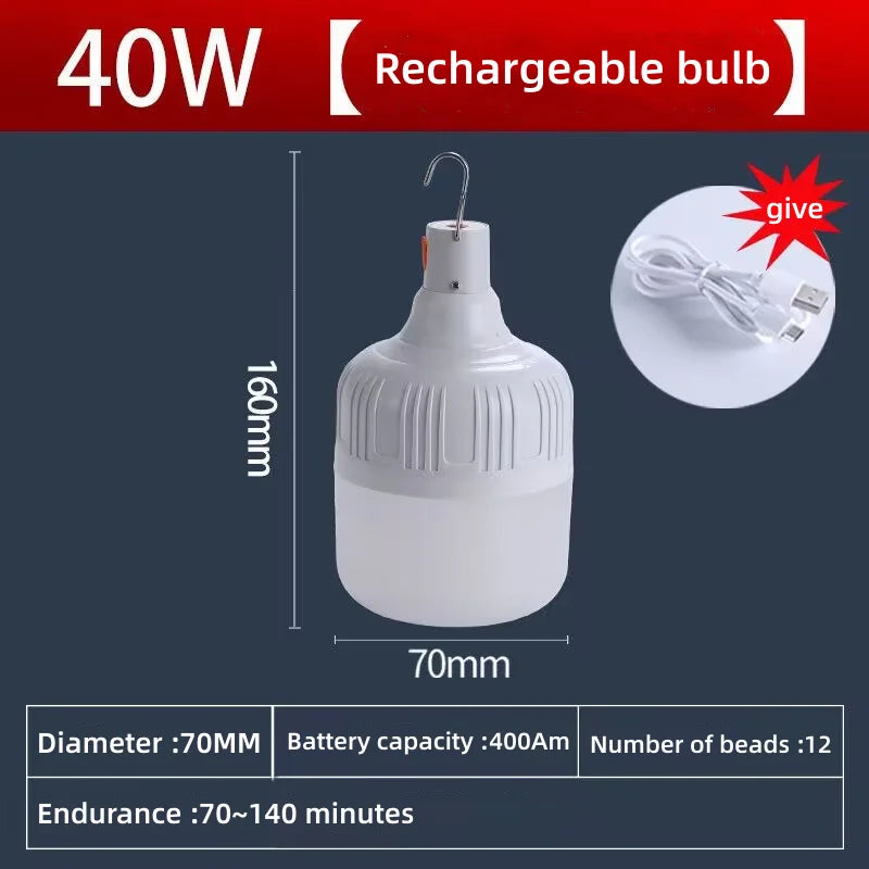 Outdoor LED Bulb USB Rechargeable 40W/60W/80W Emergency Light Hook Camping Fishing Portable Lantern Night Light