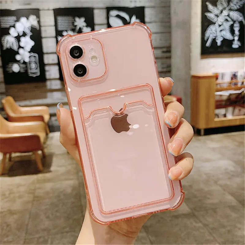 Durable Card Bag Holder Clear Phone Case For iPhone 13 12 11 Pro Max XR X XS SE 2020 7 8 Plus Soft TPU Shockproof Cover