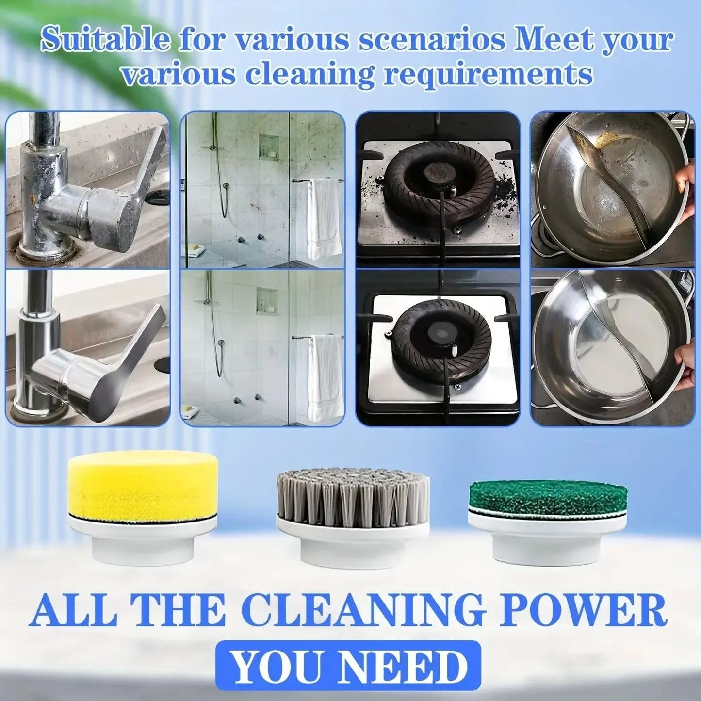 OLOEY 5 in 1 Electric Cleaning Brush Multifunctional Kitchen Bathroom Toilet Portable Powerful Clean Brush 5 Brush Heads LED