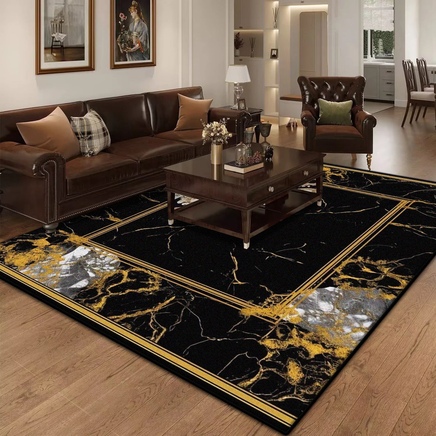 Marble Luxury Carpet for Living Room Decorations Sofa Table Large Area Rugs Black Gold Long Hallway Floor Mat Anti-slip Doormat