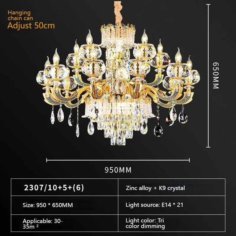 European Living Room Chandelier High-end Luxury Gold Candle Lamp Lamp Arm Inlaid With Diamonds Dining Room K9 Crystal Lamp Hot