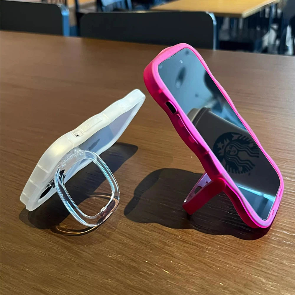2IN1 Folding Stand Wave Clear Phone Case For iPhone 16 15 11 12 13 14 Pro Max X XR Fashion 3D Curly Shockproof Protective Cover