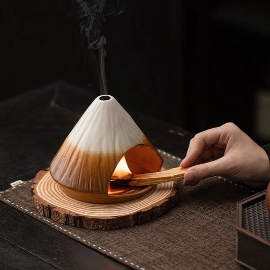 Mount Fuji Incense Fireplace, Cedar Sage Incense Burner Peruvian Sacred Wood Large Kiln Ceramic Incense Burner