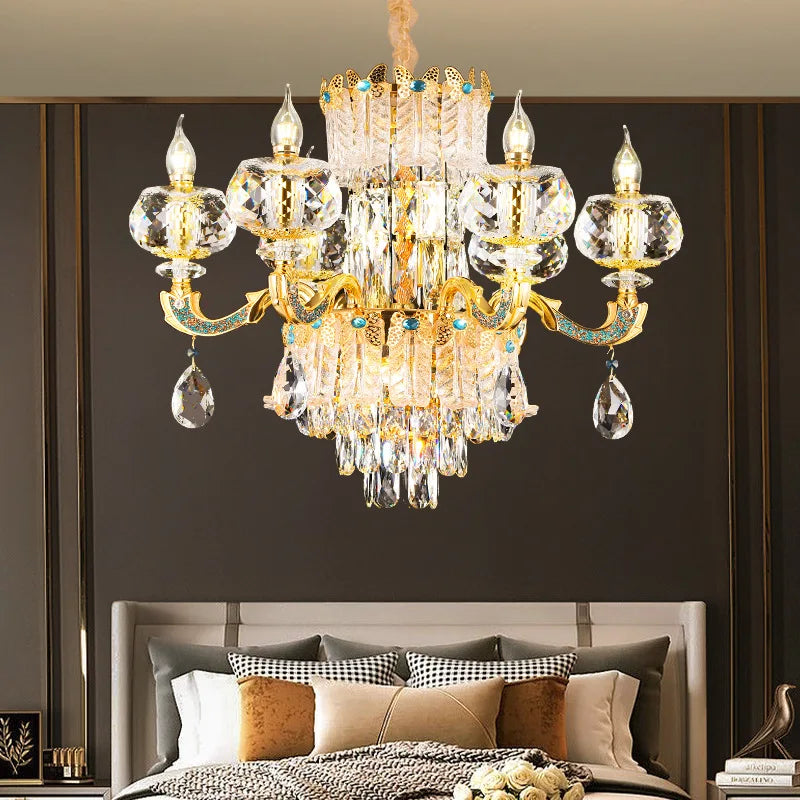 European Living Room Chandelier High-end Luxury Gold Candle Lamp Lamp Arm Inlaid With Diamonds Dining Room K9 Crystal Lamp Hot