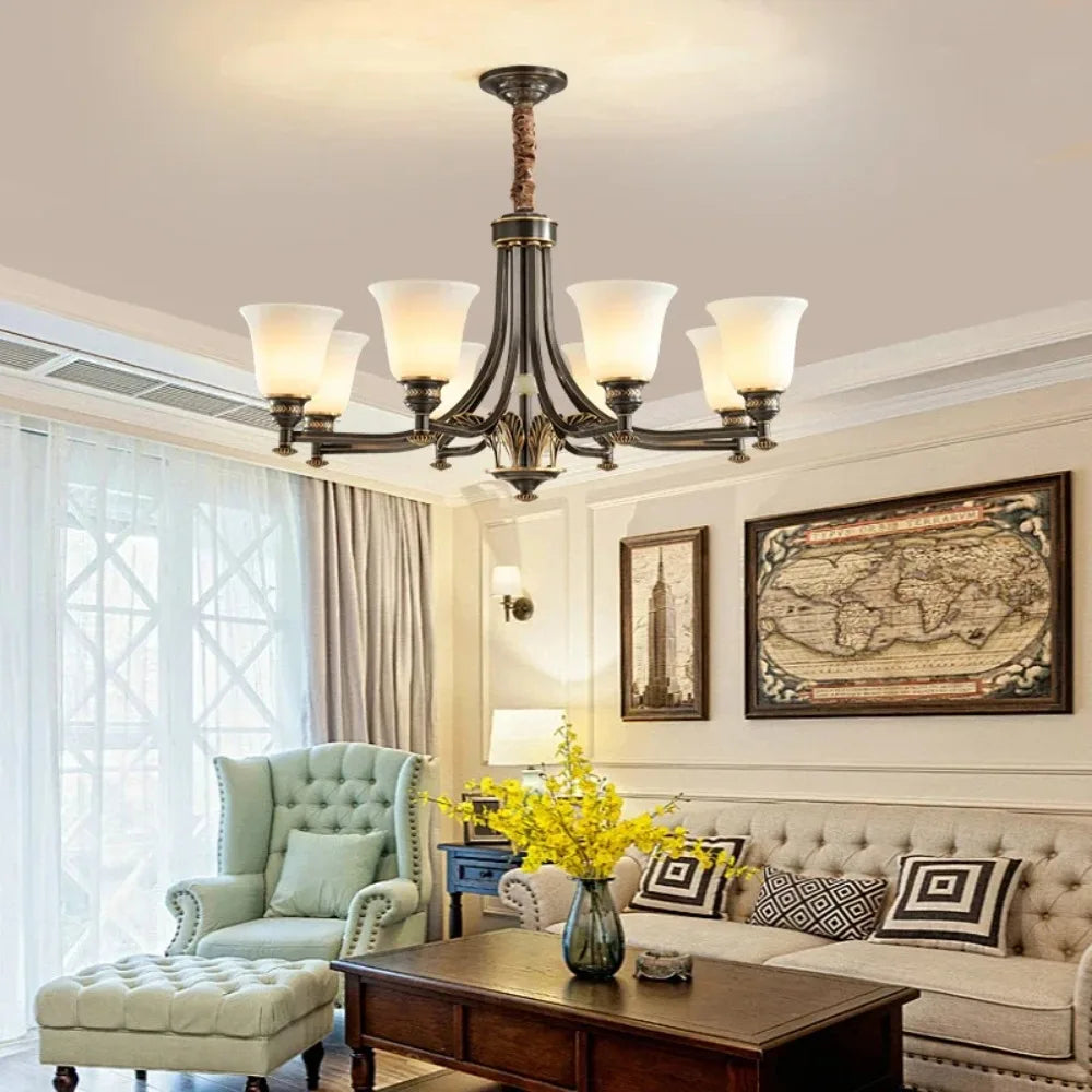 European Retro Luxury Pendant Lamp Brass Living Room Lamp Simple Modern Dining Room Bedroom Home LED Ceiling Decoration Lamp