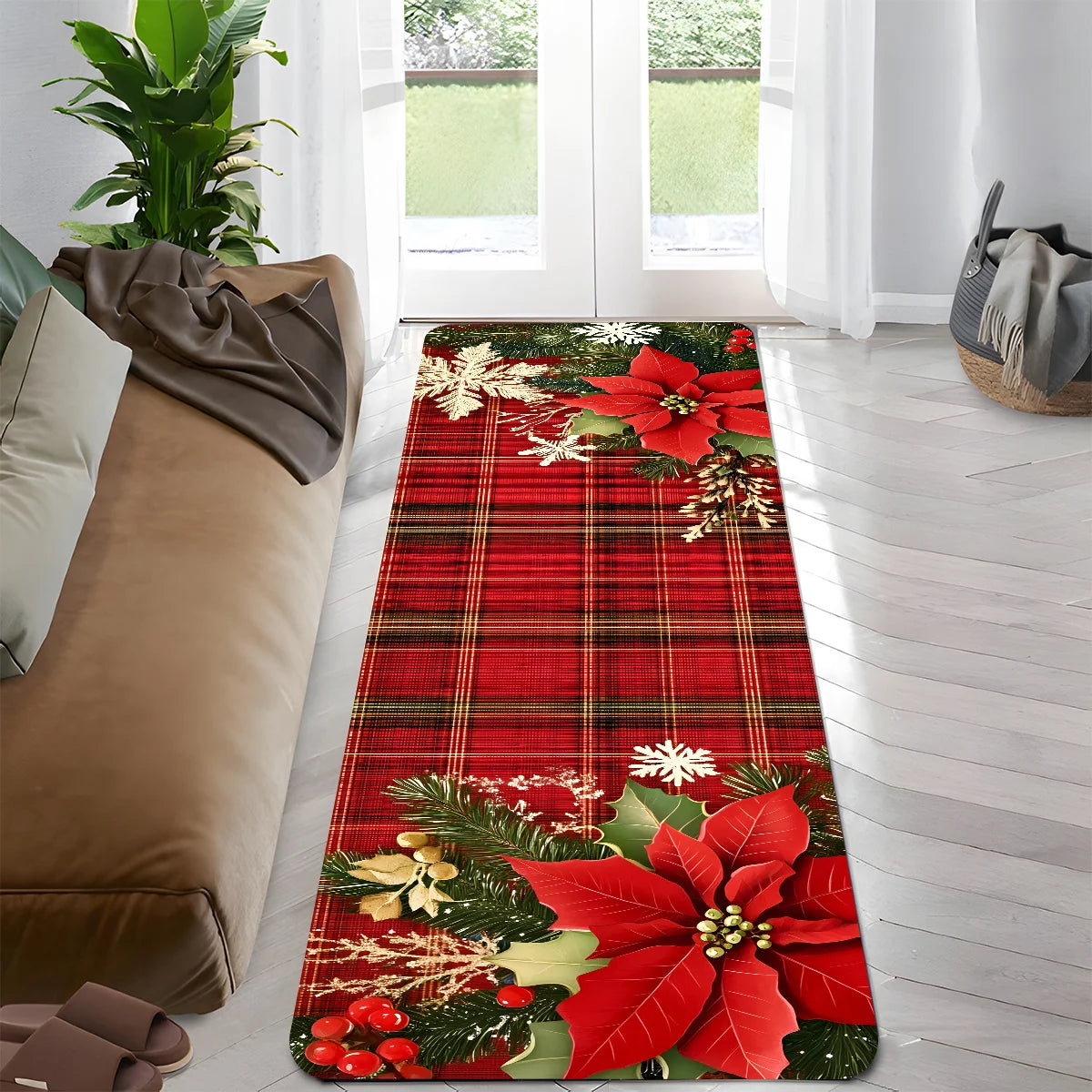 VIKAMA Christmas Checkered Corridor Floor Mats, Machine Washable, Bedside/Sofa Rugs, Kitchen Carpets, Home Decorations