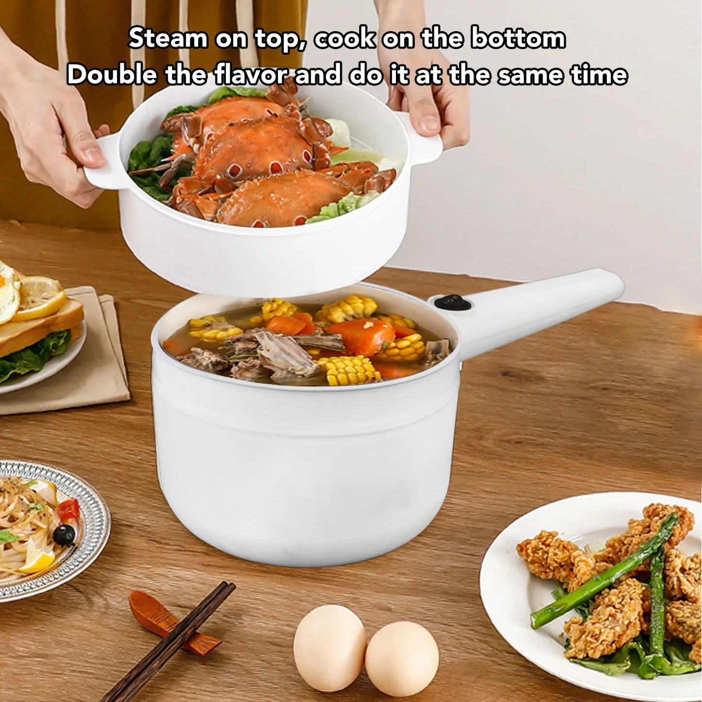 Electric Cooking Pot 1.8L Mini Multifunctional Anti Stick 2 Speed Adjustable 600W with Steam Basket Electric Ramen Cooker