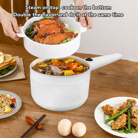 Electric Cooking Pot 1.8L Mini Multifunctional Anti Stick 2 Speed Adjustable 600W with Steam Basket Electric Ramen Cooker