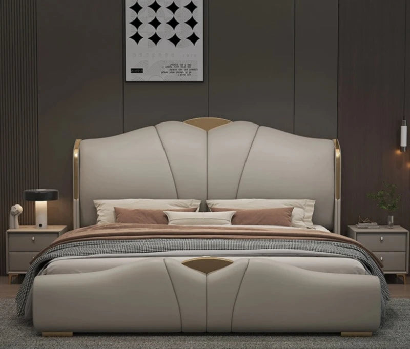 Light luxury Italian leather bed master bedroom double bed high-end atmosphere new 2025 soft bag air pressure storage wedding be