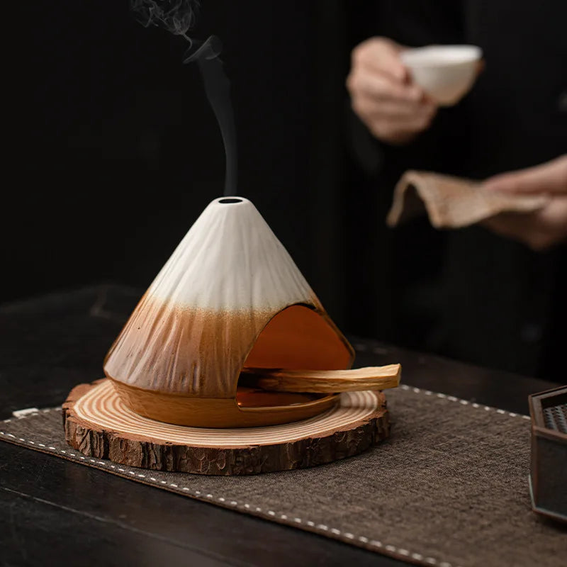 Mount Fuji Incense Fireplace, Cedar Sage Incense Burner Peruvian Sacred Wood Large Kiln Ceramic Incense Burner