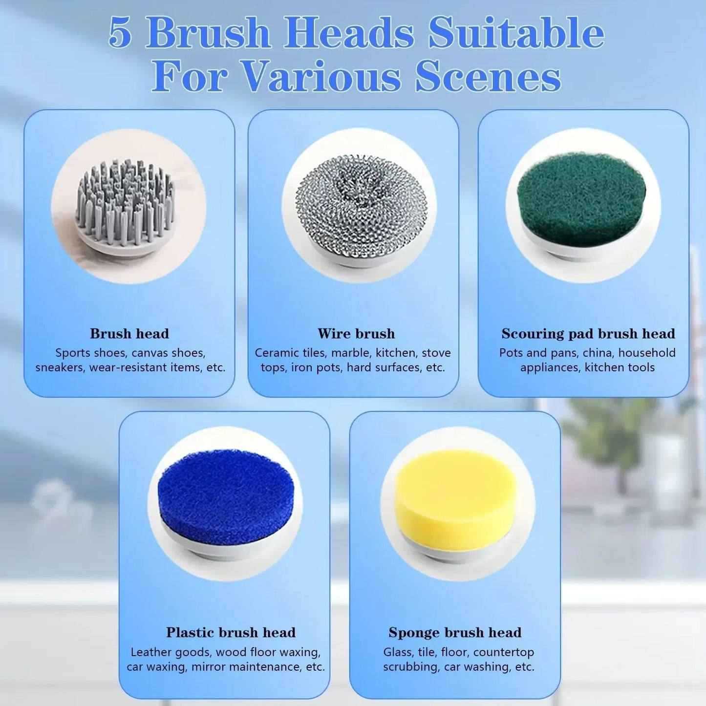 OLOEY 5 in 1 Electric Cleaning Brush Multifunctional Kitchen Bathroom Toilet Portable Powerful Clean Brush 5 Brush Heads LED