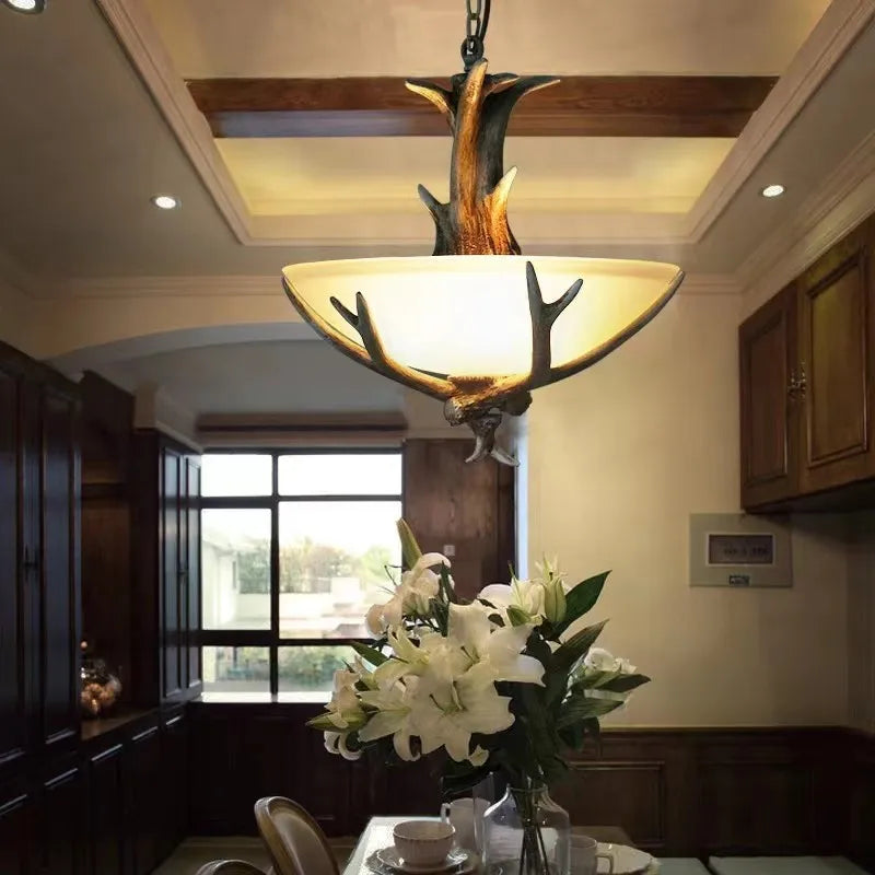 European chandelier Retro Dining Table glass lamp shade Countryside Resin deer lamp Restaurant Cafe living room hanging lights