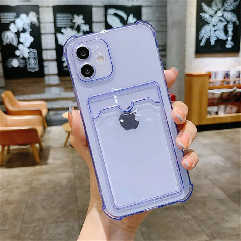 Durable Card Bag Holder Clear Phone Case For iPhone 13 12 11 Pro Max XR X XS SE 2020 7 8 Plus Soft TPU Shockproof Cover