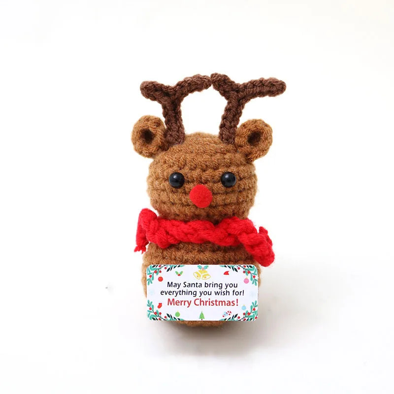 Funny Crochet Positive Xmas Tree Doll with Card Home Room Decoration Handmade Knitted Snowman Elk Desk Ornament Christmas Gifts