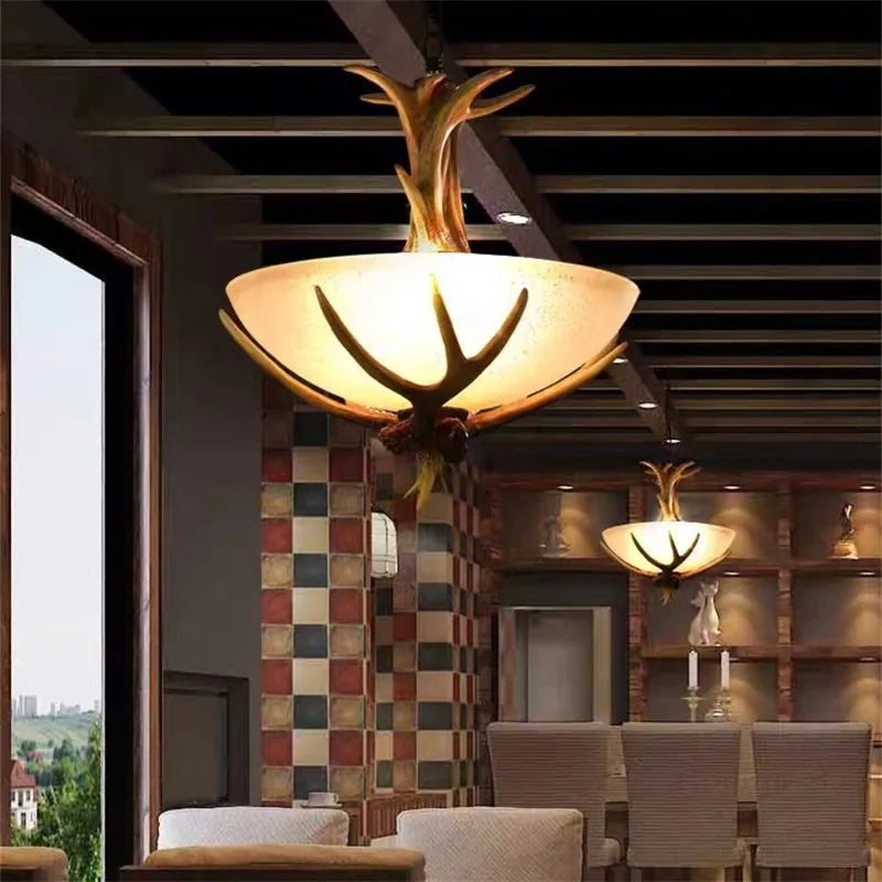 European chandelier Retro Dining Table glass lamp shade Countryside Resin deer lamp Restaurant Cafe living room hanging lights