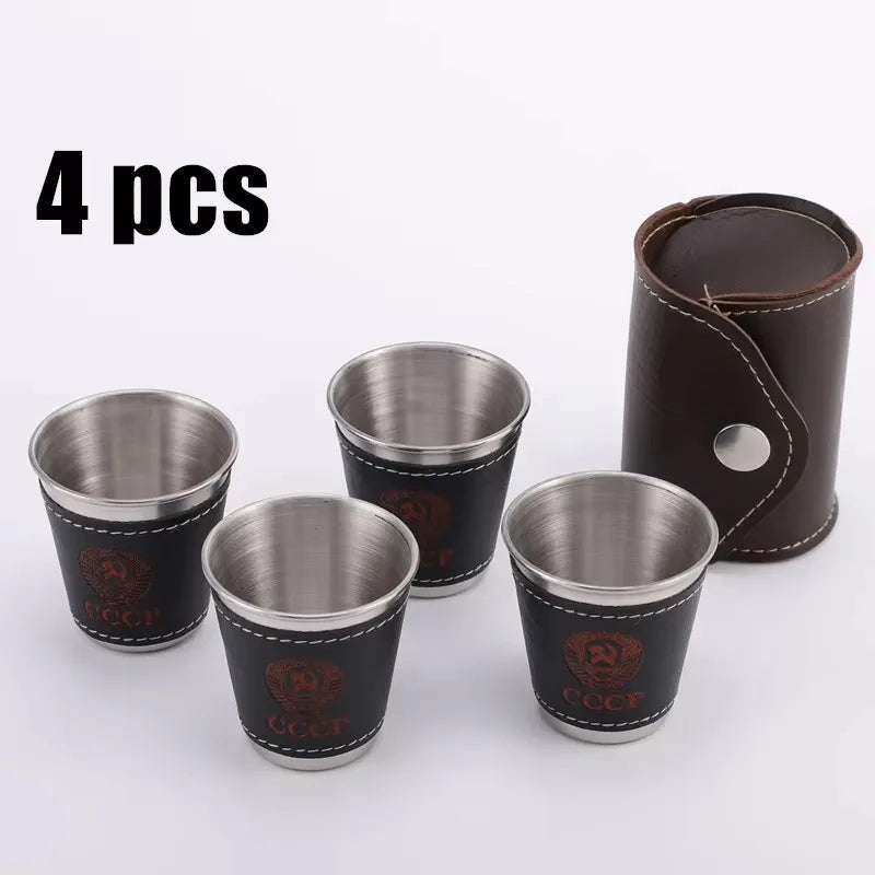Vodka Cup,304 PU Holster Stainless Steel Wine Tumbler Portable Waist Personalized Liquor Spirits Cup 4pcs 70ml Shot Glass Set