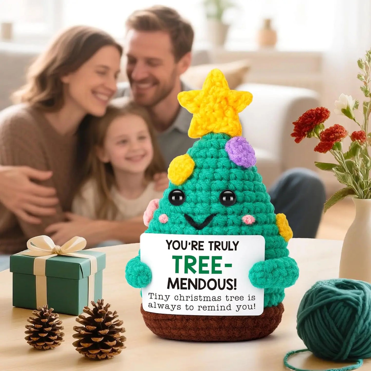 Funny Crochet Positive Xmas Tree Doll with Card Home Room Decoration Handmade Knitted Snowman Elk Desk Ornament Christmas Gifts