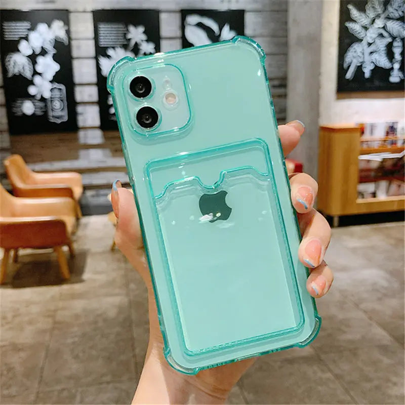 Durable Card Bag Holder Clear Phone Case For iPhone 13 12 11 Pro Max XR X XS SE 2020 7 8 Plus Soft TPU Shockproof Cover