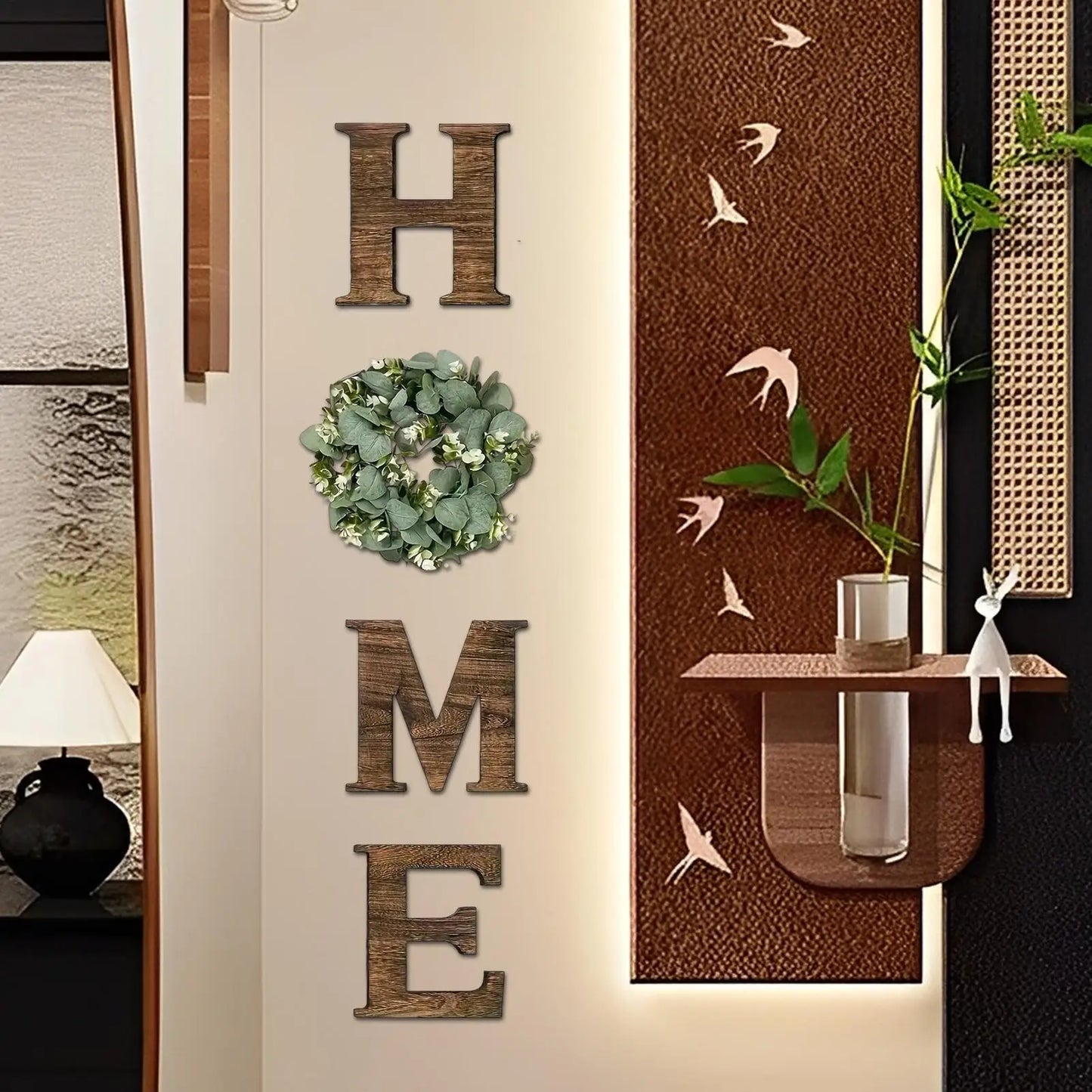 Home Letter Wall Sign Wooden Wall Home Sign Rustic Decor with Artificial Eucalyptus Wreath home decor signs for Kitchen Living
