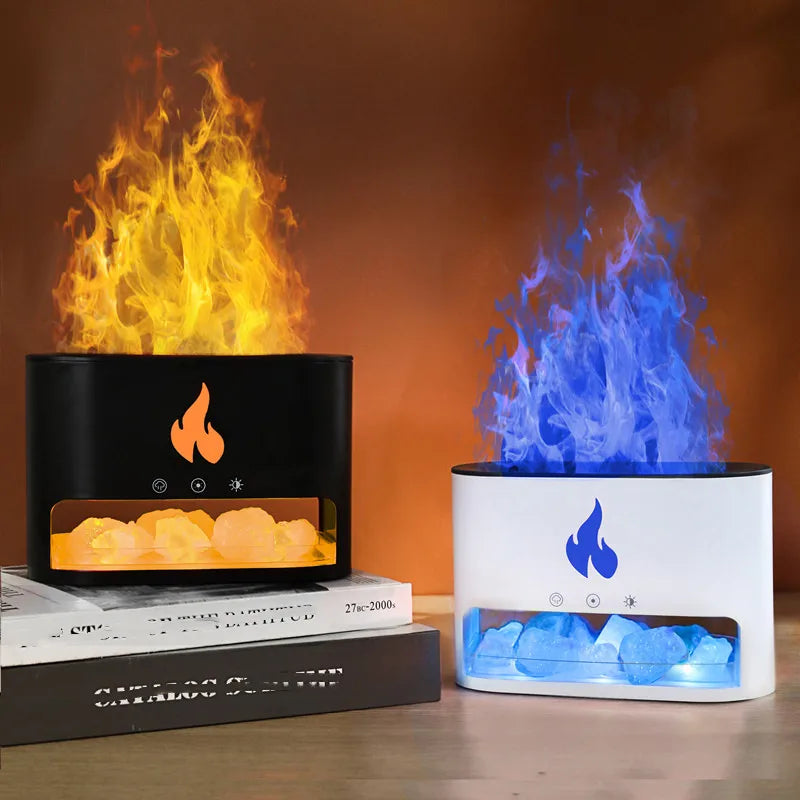 New Fireplace Humidifier Crystal Salt Rock Fire Lamp 7 Color Flame Aroma Volcano Air Humidifier Essential Oil Diffuser for Home