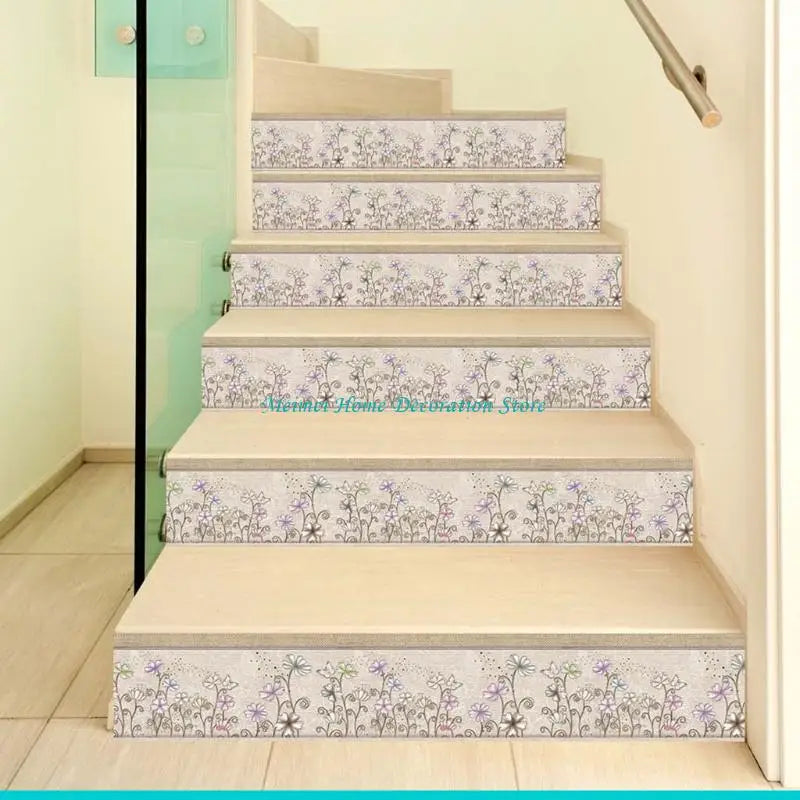 H7BF 6Pcs Floret Tile Floor Stair Sticker Bathroom Kitchen Decor Waterproof Decals Adhesive Art Wallpaper