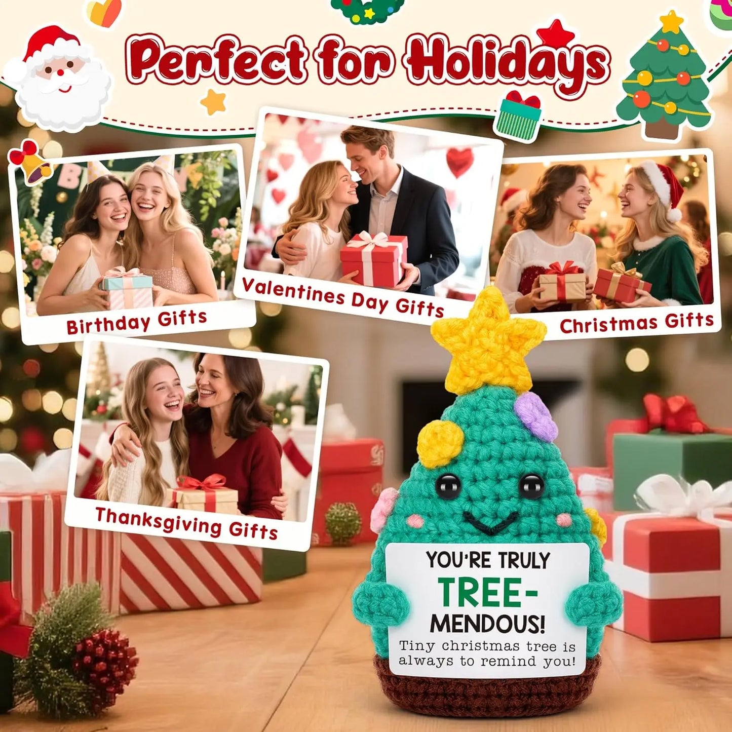 Funny Crochet Positive Xmas Tree Doll with Card Home Room Decoration Handmade Knitted Snowman Elk Desk Ornament Christmas Gifts