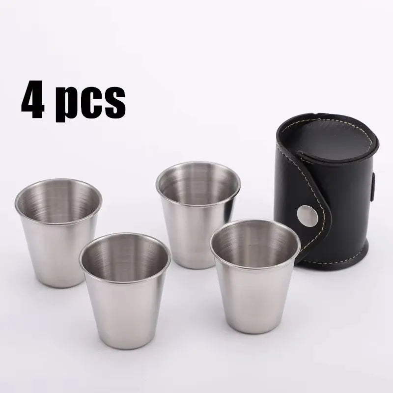 Vodka Cup,304 PU Holster Stainless Steel Wine Tumbler Portable Waist Personalized Liquor Spirits Cup 4pcs 70ml Shot Glass Set