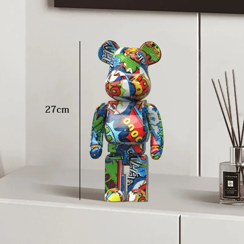 27cm Graffiti Bear Statue Paint Block Bear Decor Resin Desktop Ornaments Home Decoration Living Room Bear Floor Sculpture Gifts