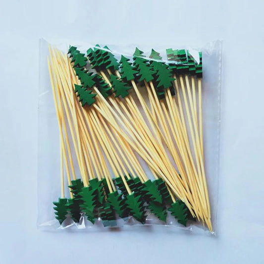 Christmas Decorations Xmas Tree Bamboo Pick Buffet Fruit Fork Party Dessert Stick Cocktail Skewer Disposable Toothpick 50Pcs