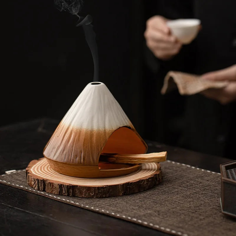 Mount Fuji Glazed Incense Fireplace - Large Kiln-Fired Ceramic Burner for Palo Santo Sage Cedar, Spiritual Meditation Home