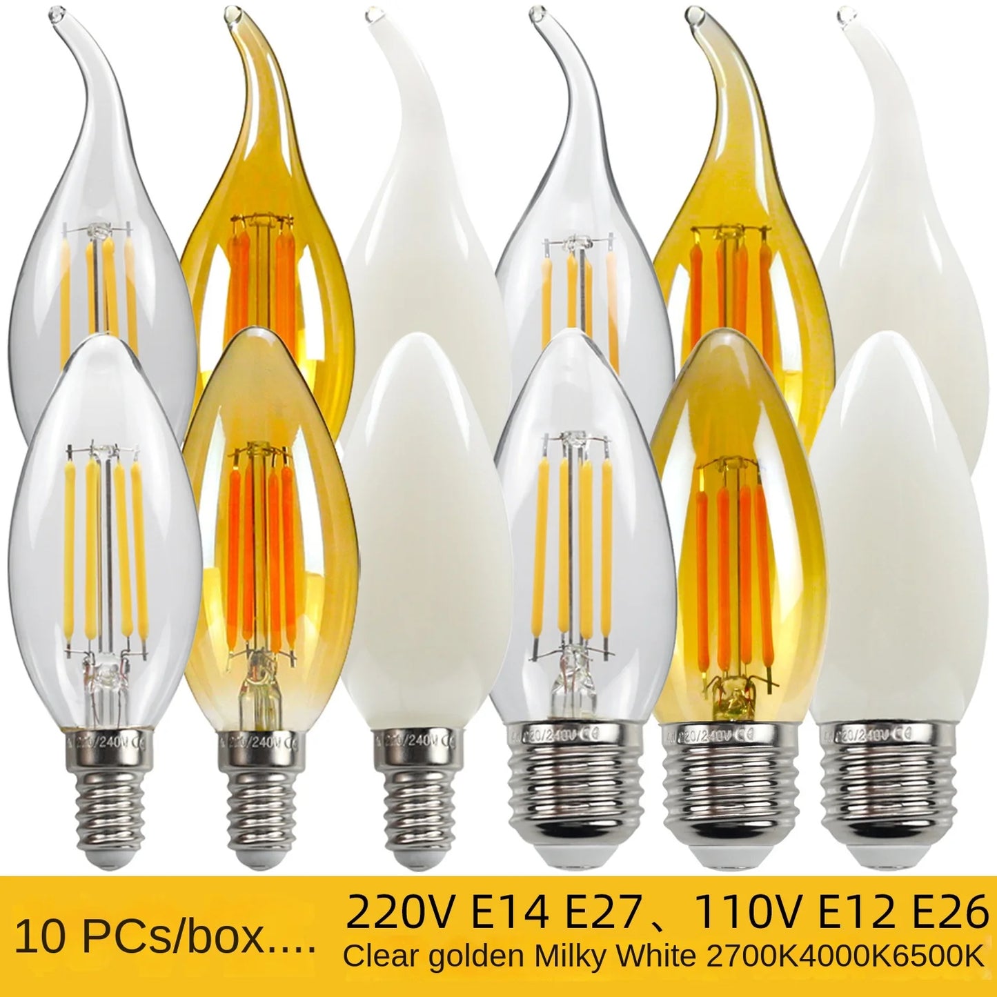 10PCS C35 Candle Bulb 4W 6W Dimmable Led Filament 220V 110V E12 E14 E27 Candelabra Base Flame Shape Lamps For Chandelier Light