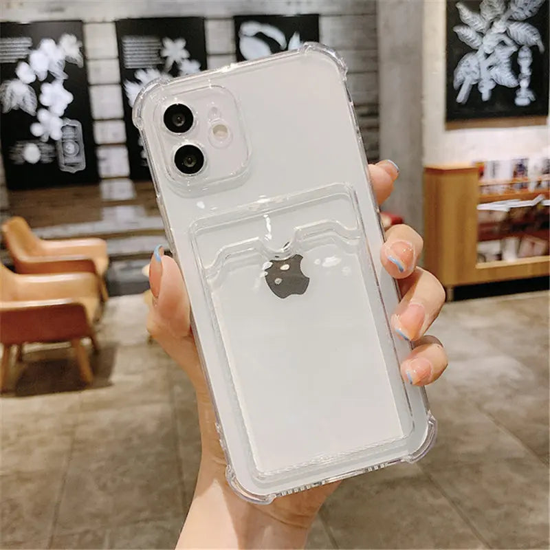 Durable Card Bag Holder Clear Phone Case For iPhone 13 12 11 Pro Max XR X XS SE 2020 7 8 Plus Soft TPU Shockproof Cover