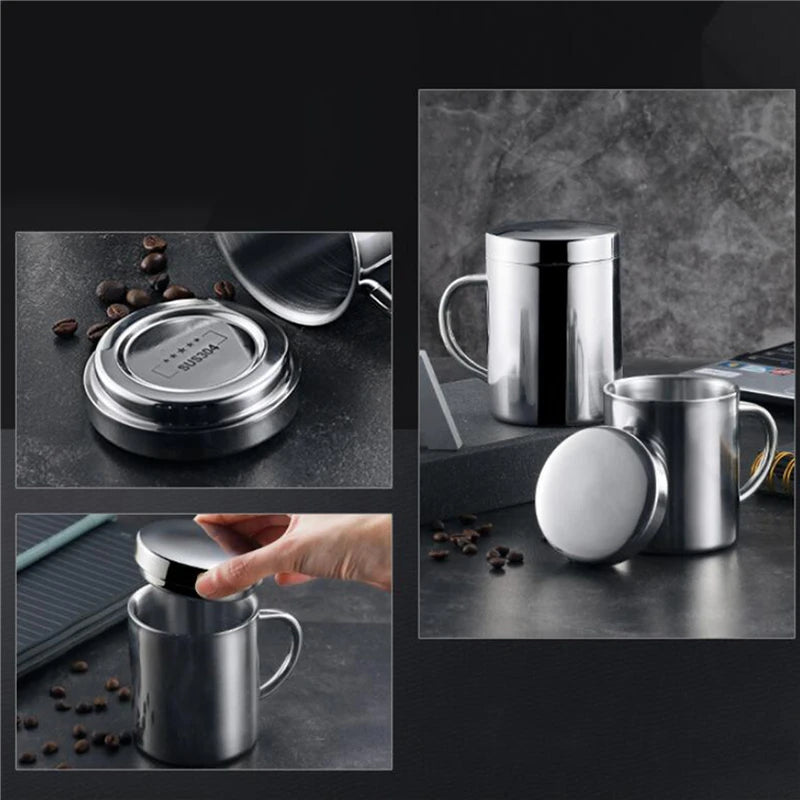 Mugs Stainless Steel 400/300/210ml Sliver Mug Tumbler With Handle And Cover Insulated Milk Mugs for Household Kitchen Supplies