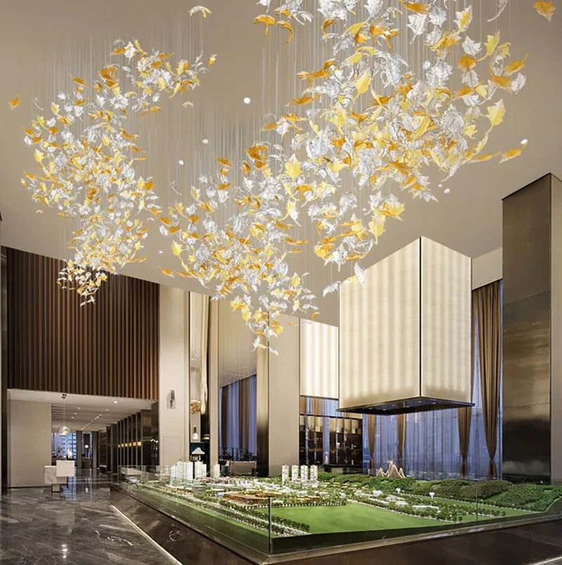Modern Large scale project chandelier hotel villa Stairs Living Room maple leaf art decorative Hanging Lamp Lustre customization