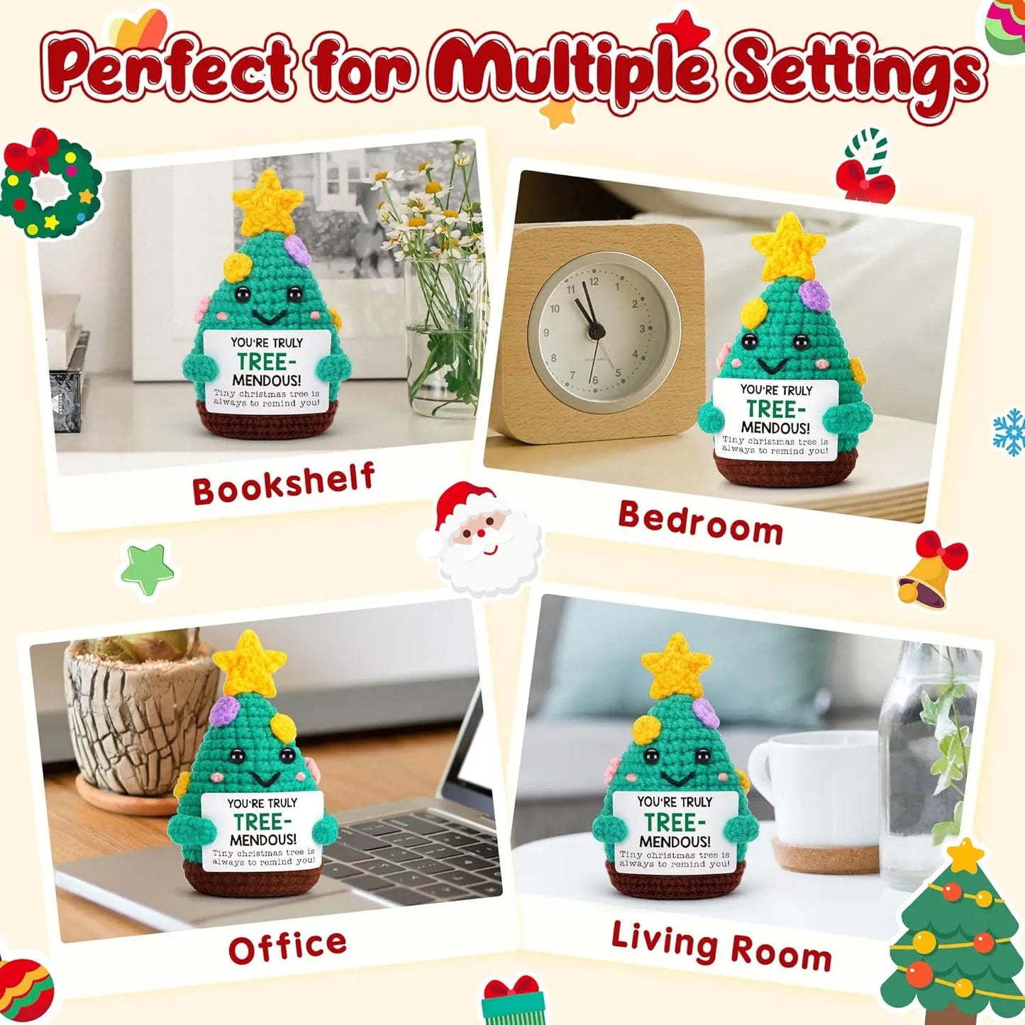 Funny Crochet Positive Xmas Tree Doll with Card Home Room Decoration Handmade Knitted Snowman Elk Desk Ornament Christmas Gifts