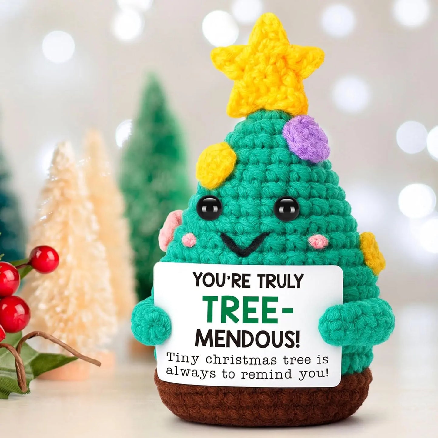 Funny Crochet Positive Xmas Tree Doll with Card Home Room Decoration Handmade Knitted Snowman Elk Desk Ornament Christmas Gifts