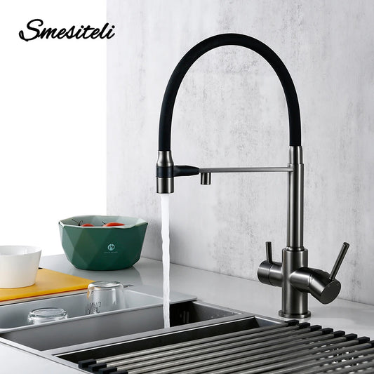 Gunmetal Kitchen Faucet  Brass 3 Ways Sink Mixer Black Hose Mount Pull Out Dual Spray Nozzle Water Kitchen Taps