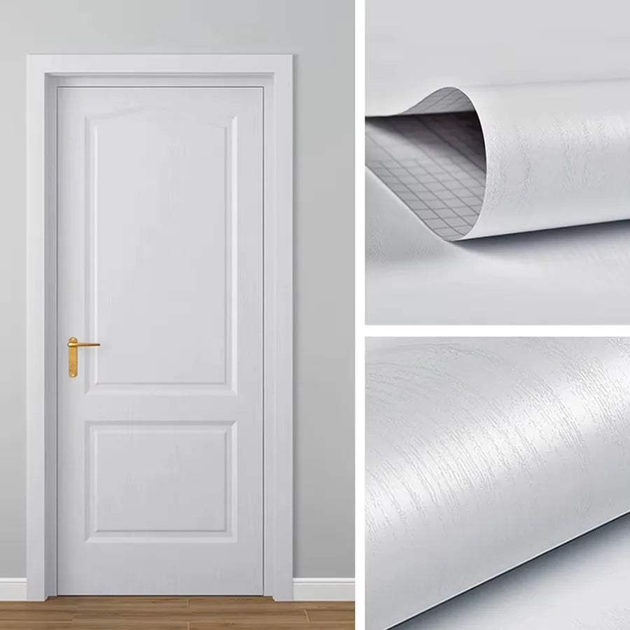 Pure White Wood Grain PVC Wallpaper – Waterproof, Self-Adhesive Vinyl for Cabinets, Furniture, Doors & Walls