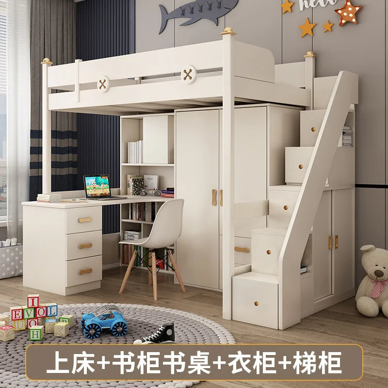 Bed and Desk Integrated Adult Combined Bed Bunk Bed with Wardrobe Elevated Bed Children's Bed Two-storey High and Low Bunk Bed