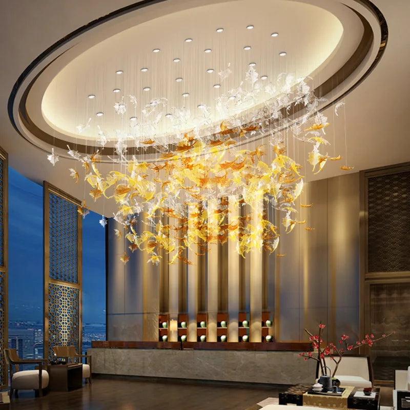 Modern Large scale project chandelier hotel villa Stairs Living Room maple leaf art decorative Hanging Lamp Lustre customization