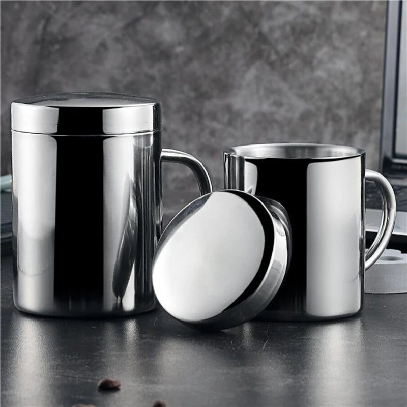 Mugs Stainless Steel 400/300/210ml Sliver Mug Tumbler With Handle And Cover Insulated Milk Mugs for Household Kitchen Supplies