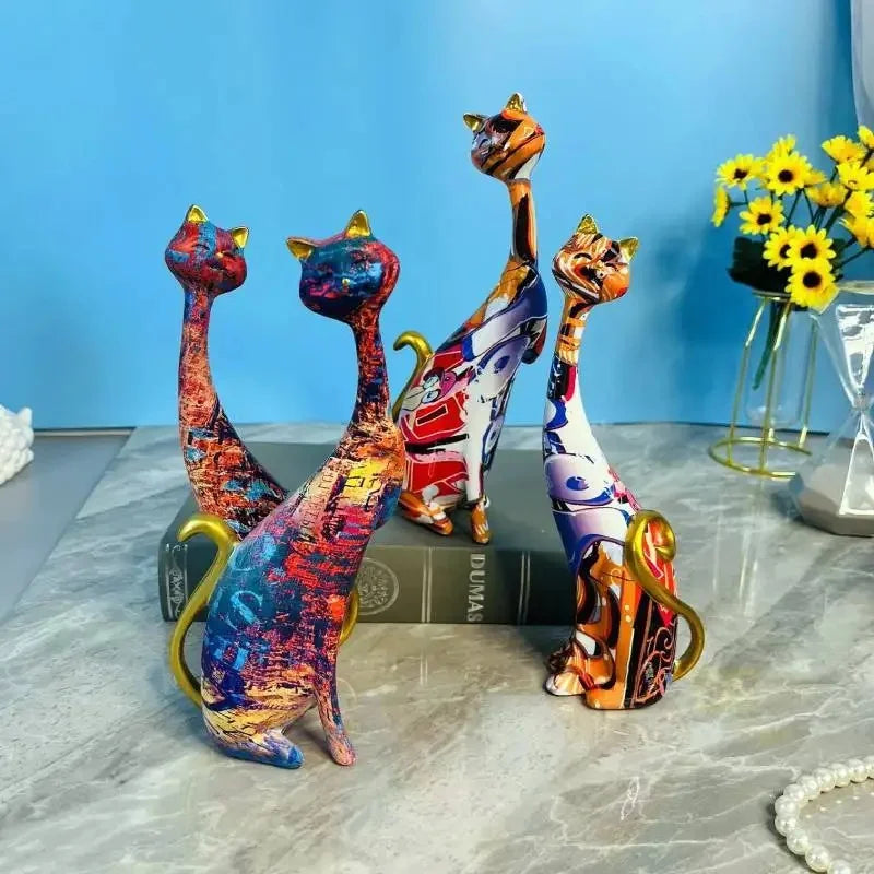 Home Decor Nordic Graffiti Art Oil Painting Cat Decoration Resin Abstract Ornament Figurines Bedroom Desktop Porch Cat Sculpture