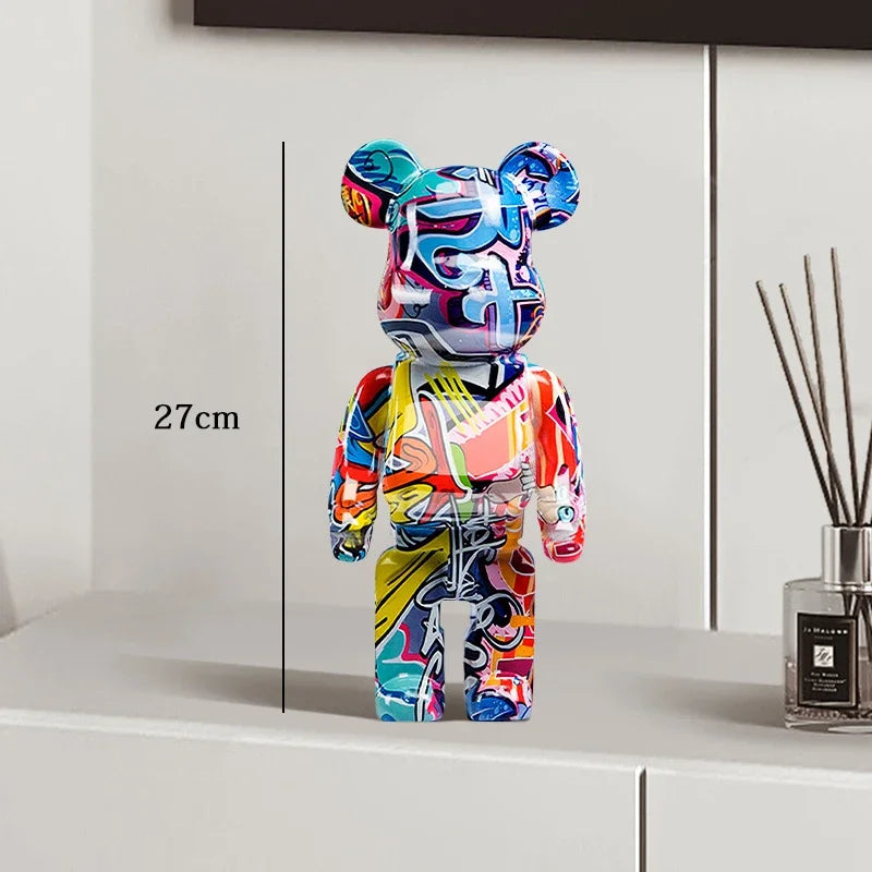 27cm Graffiti Bear Statue Paint Block Bear Decor Resin Desktop Ornaments Home Decoration Living Room Bear Floor Sculpture Gifts
