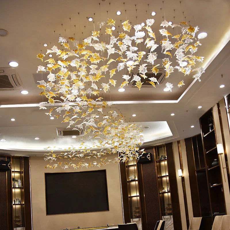 Modern Large scale project chandelier hotel villa Stairs Living Room maple leaf art decorative Hanging Lamp Lustre customization