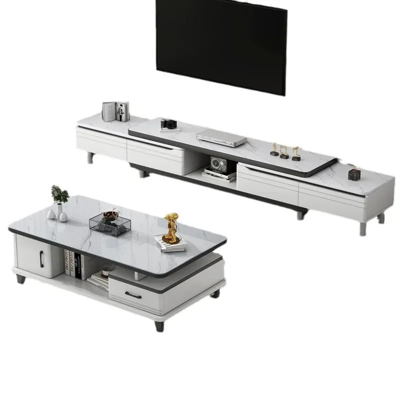 Modern LED TV Stand for Televisions Up Coffee Table Glass Shelves and Drawer Gaming Entertainment Center with Multiple Cabinet
